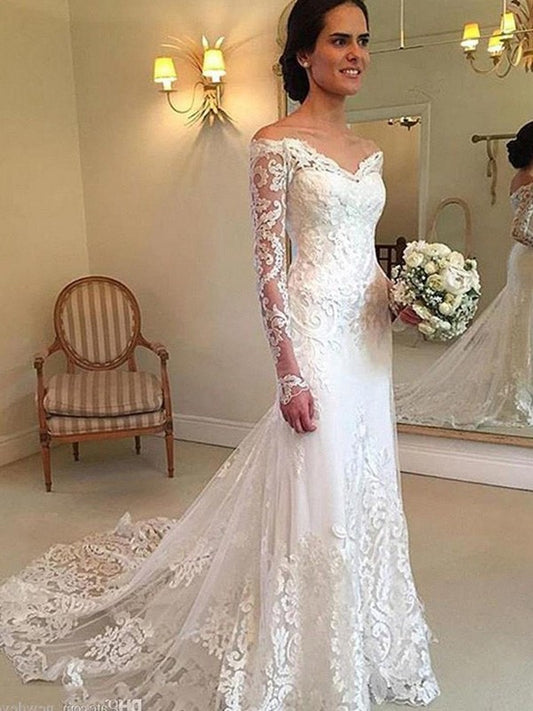 Court Sleeves Train Trumpet/Mermaid Applique Off-the-Shoulder Long Lace Wedding Dresses