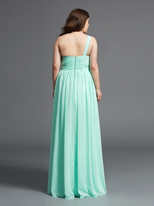 A-Line/Princess Sleeveless One-Shoulder Chiffon Rhinestone Long Plus Size Dresses