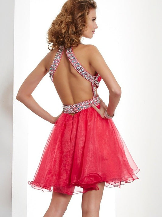 Halter A-Line/Princess Beading Sleeveless Short Organza Homecoming Dresses