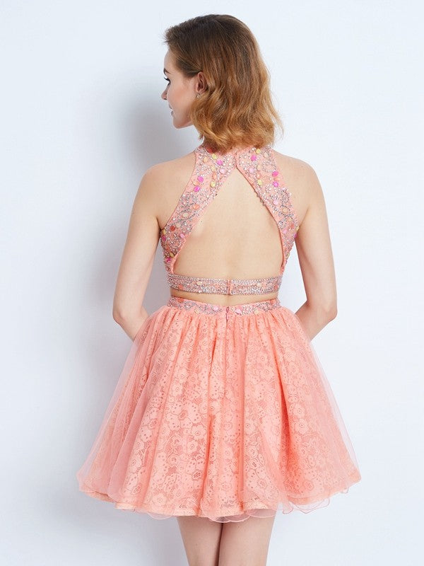 A-Line/Princess Homecoming Dresses Jewel Sleeveless Nancy Lace Beading Short/Mini Two Piece Dresses