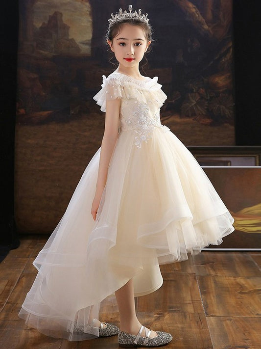 Asymmetrical Short Sleeves Applique A-Line/Princess Off-the-Shoulder Tulle Flower Girl Dresses