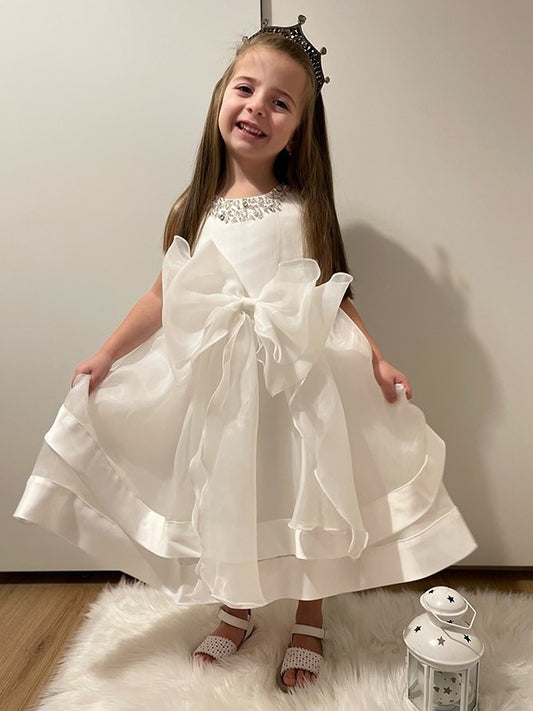 Tea-Length A-Line/Princess Satin Bowknot Jewel Sleeveless Flower Girl Dresses