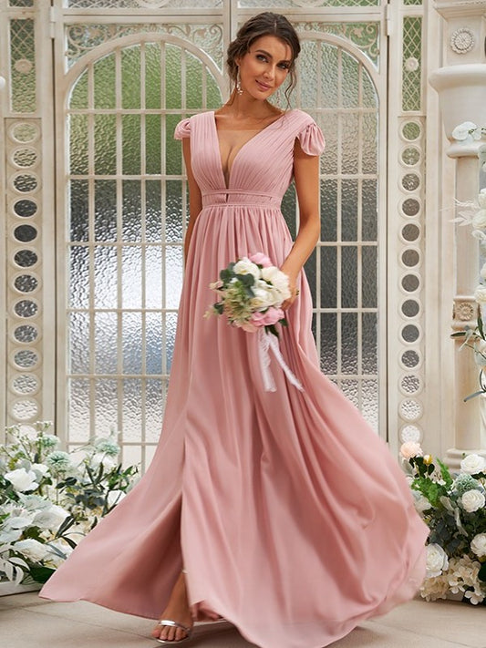 Sweep/Brush V-neck Ruffles Chiffon A-Line/Princess Sleeveless Train Bridesmaid Dresses