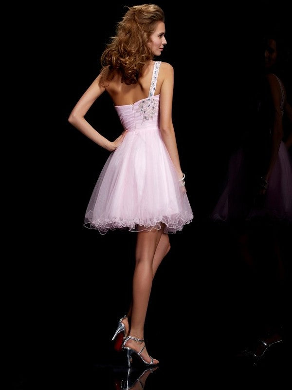 A-Line/Princess Sleeveless Elastic Woven Short One-Shoulder Beading Satin Homecoming Dresses