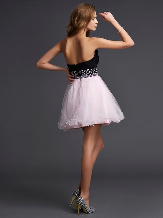 A-Line/Princess Woven Short Elastic Sweetheart Beading Sleeveless Satin Homecoming Dresses