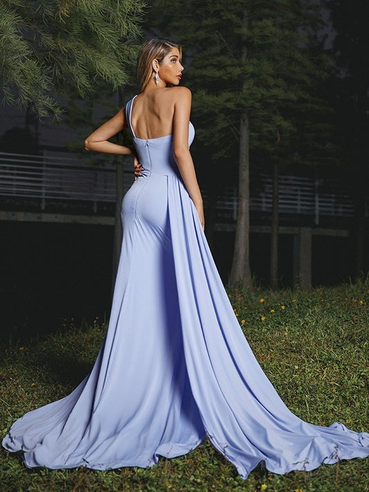 Sleeveless One-Shoulder Jersey Ruched Sheath/Column Sweep/Brush Train Bridesmaid Dresses