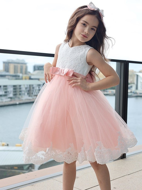 Bowknot A-Line/Princess Lace Sleeveless Short/Mini Scoop Flower Girl Dresses