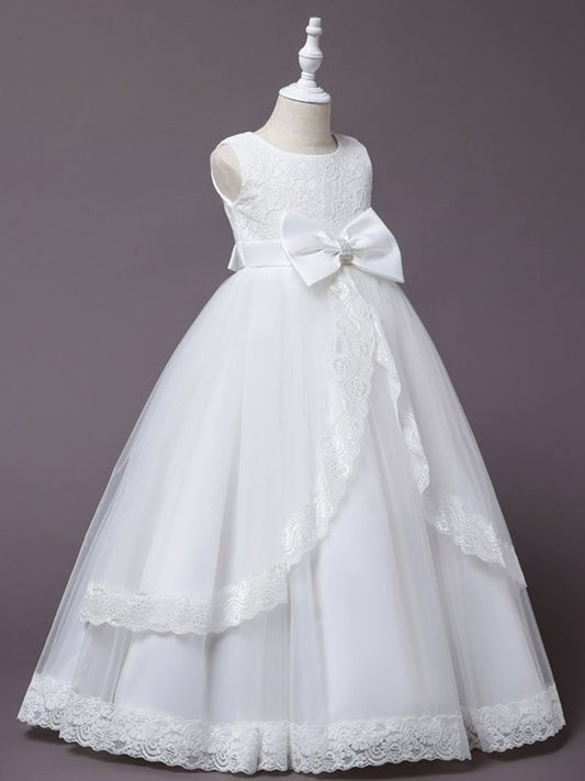 Sleeveless Applique Ball Gown Scoop Tulle Floor-Length Flower Girl Dresses