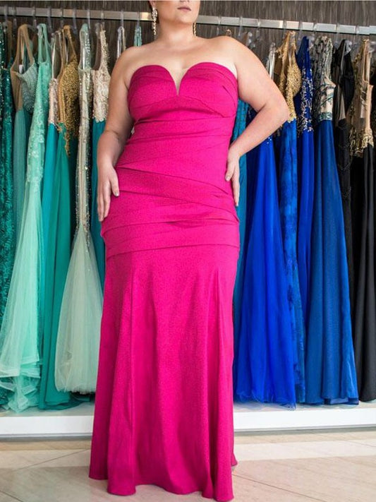 Sweetheart Woven Satin Elastic Trumpet/Mermaid Sleeveless Floor-Length Ruched Plus Size Dresses