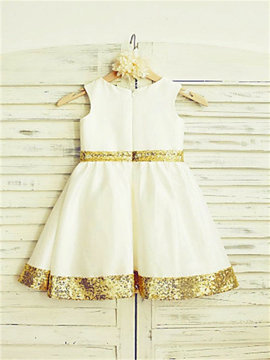 Sleeveless Sequin Satin Tea-Length Scoop A-line/Princess Flower Girl Dresses