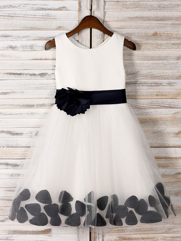 Sleeveless Flower Tea-Length Tulle Scoop Hand-Made A-Line/Princess Flower Girl Dresses