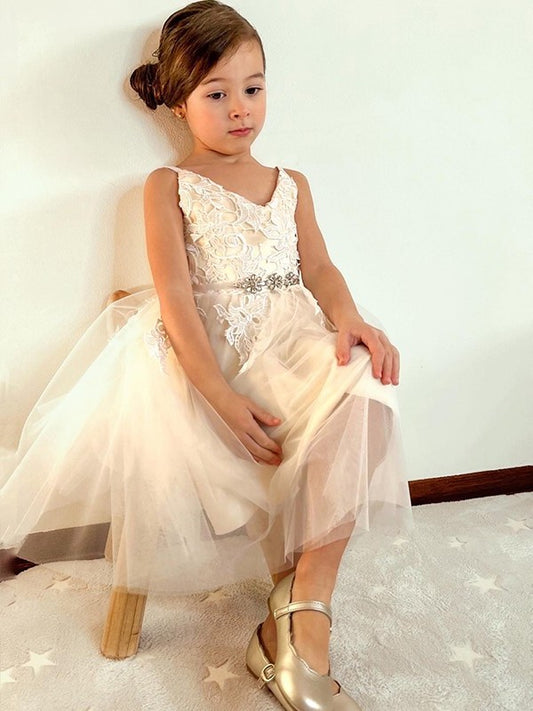 Tulle V-neck Knee-Length A-Line/Princess Lace Sleeveless Flower Girl Dresses