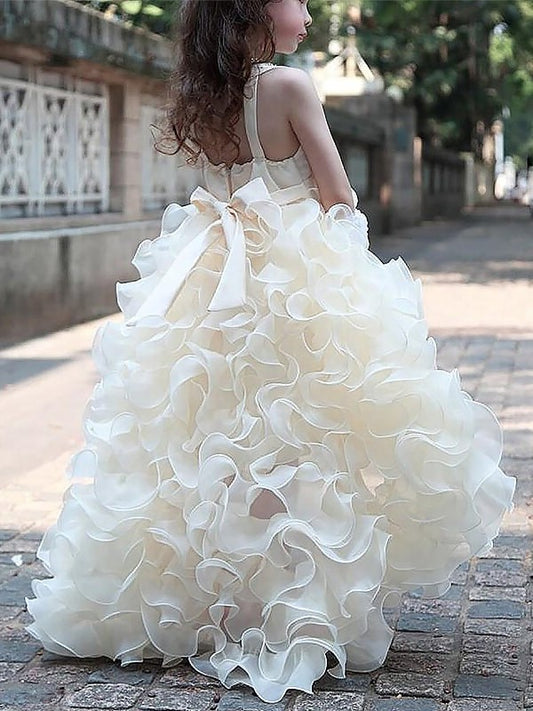 Organza Ruffles A-line/Princess Sleeveless Asymmetrical V-neck Flower Girl Dresses