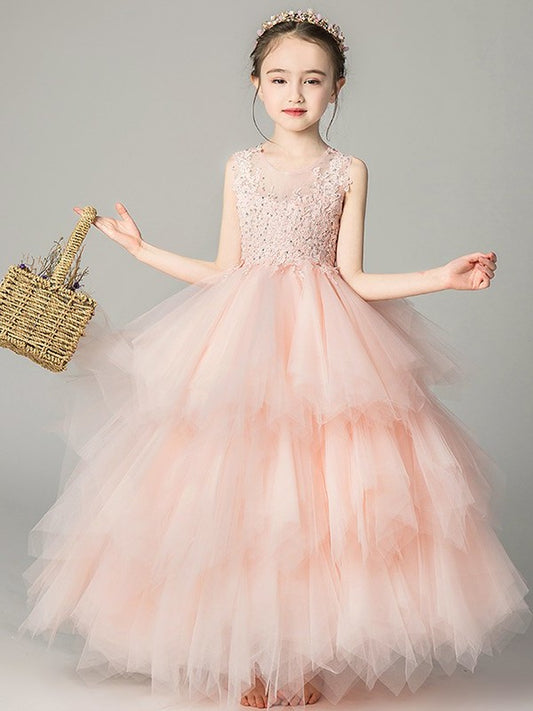 Floor-Length Tulle Sleeveless Applique A-Line/Princess Scoop Flower Girl Dresses