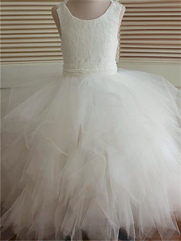 Sleeveless Ball Scoop Tulle Lace Gown Ankle-Length Flower Girl Dresses