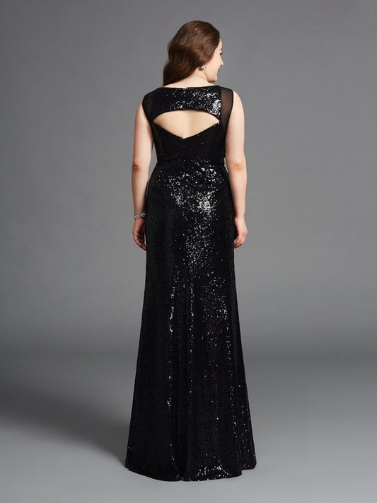 Sleeveless Sheath/Column Scoop Sequins Long Plus Size Dresses