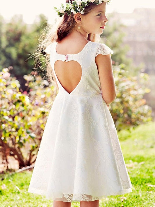 Short Knee-Length Tulle Scoop Applique A-Line/Princess Sleeves Flower Girl Dresses