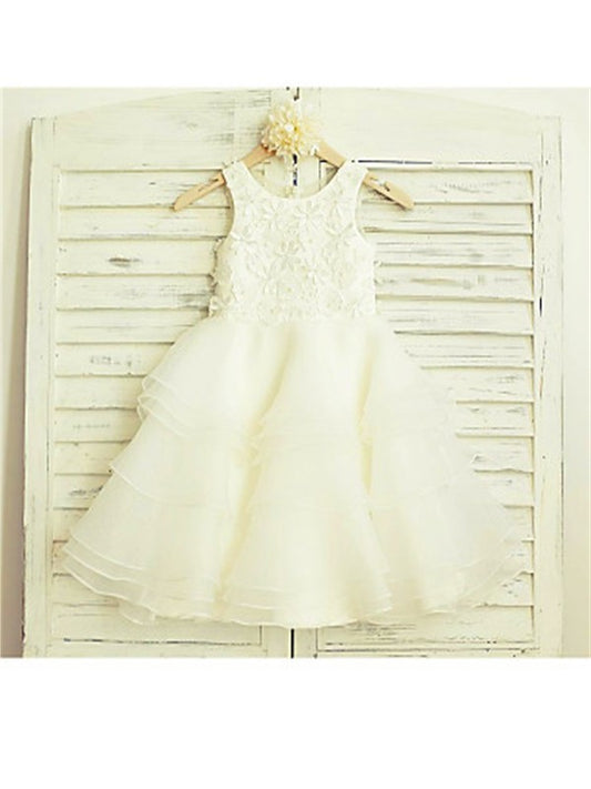 Tea-Length Tulle Scoop Sleeveless A-line/Princess Lace Flower Girl Dresses