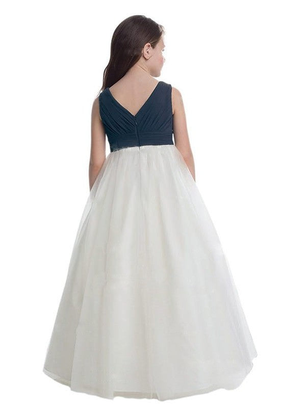 V-neck Tulle Sleeveless Ruched A-Line/Princess Floor-Length Flower Girl Dresses