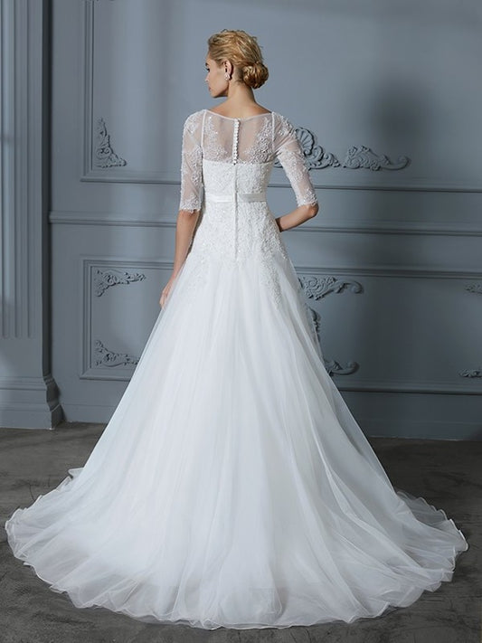 Scoop Court Train 1/2 Sleeves Lace A-Line/Princess Tulle Wedding Dresses