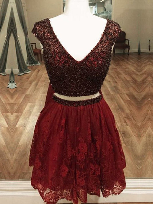 A-Line/Princess V-neck Sleeveless Homecoming Dresses Beading Mariyah Short/Mini Lace Two Piece Dresses