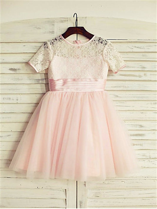 Jewel Lace A-line/Princess Sleeves Tulle Short Tea-Length Flower Girl Dresses