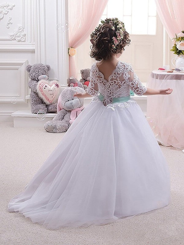 1/2 Tulle Ball Gown Sleeves Floor-Length Lace Jewel Flower Girl Dresses