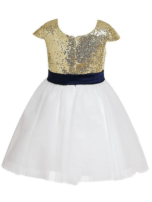 Tulle Jewel Short Sleeves Sequins A-Line/Princess Tea-Length Flower Girl Dresses