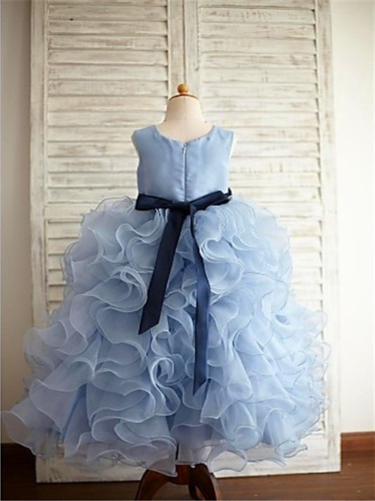 Gown Floor-Length Scoop Sleeveless Ruffles Ball Organza Flower Girl Dresses