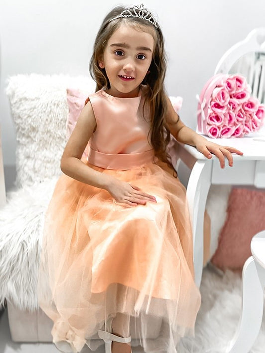 Sleeveless Tulle A-Line/Princess Tea-Length Scoop Bowknot Flower Girl Dresses