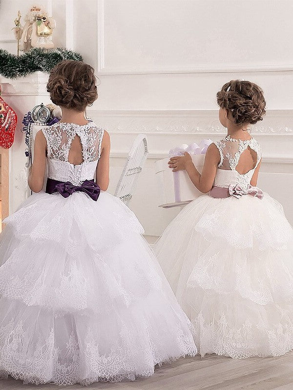 Lace Scoop Ball Gown Sleeveless Floor-Length Tulle Flower Girl Dresses