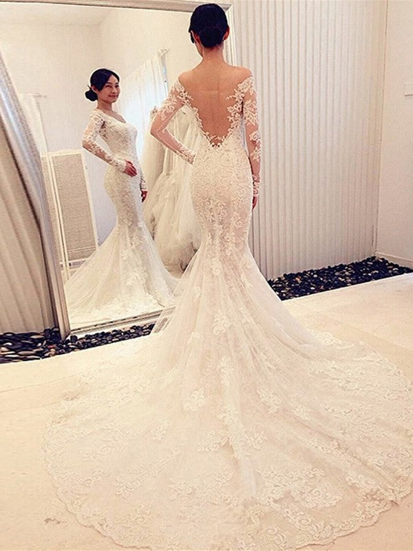 Trumpet/Mermaid Long Lace Chapel Sleeves Off-the-Shoulder Train Wedding Dresses