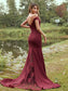 Sleeveless Applique Off-the-Shoulder Sweep/Brush Sheath/Column Stretch Crepe Train Bridesmaid Dresses