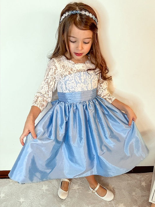 Taffeta A-Line/Princess Scoop Sleeves Lace 3/4 Knee-Length Flower Girl Dresses