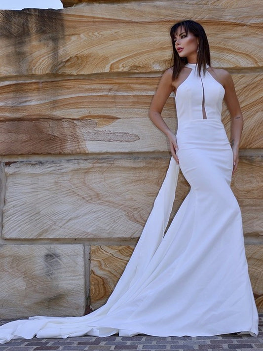 Court Halter Sleeveless Stretch Trumpet/Mermaid Crepe Ruffles Train Wedding Dresses