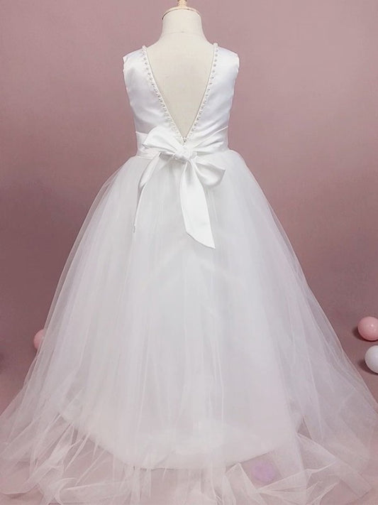 Sleeveless A-Line/Princess Bowknot Tulle Floor-Length Scoop Flower Girl Dresses