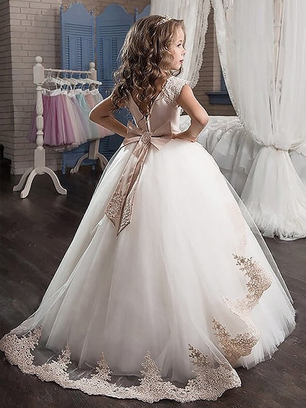 Scoop Ball Tulle Sleeveless Applique Gown Floor-Length Flower Girl Dresses