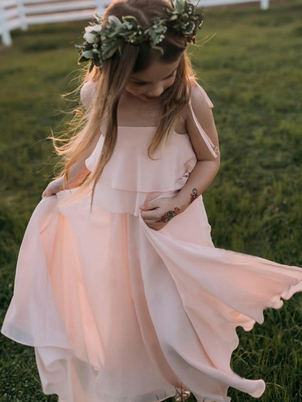 Sleeveless Empire Straps Ruffles Chiffon Floor-Length Spaghetti Flower Girl Dresses