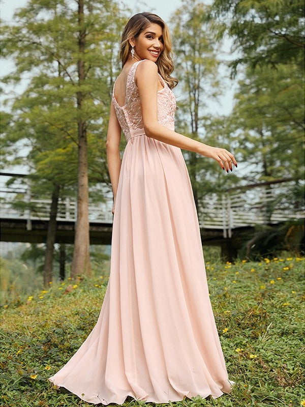 A-Line/Princess Lace V-neck Chiffon Sleeveless Floor-Length Bridesmaid Dresses