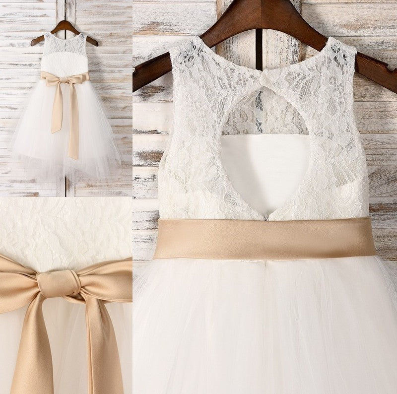 Tea-Length Sash/Ribbon/Belt Sleeveless Tulle A-Line/Princess Scoop Flower Girl Dresses