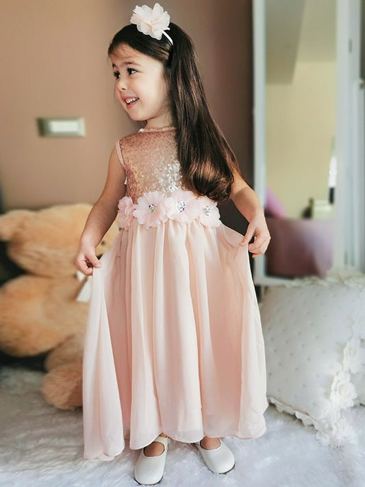 A-Line/Princess Scoop Sleeveless Floor-Length Chiffon Sequin Flower Girl Dresses