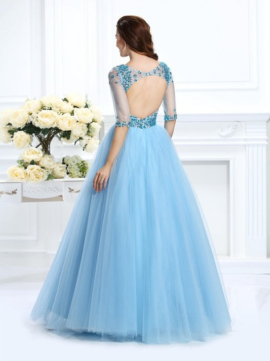 Sleeves 1/2 Beading V-neck Gown Long Ball Satin Quinceanera Dresses