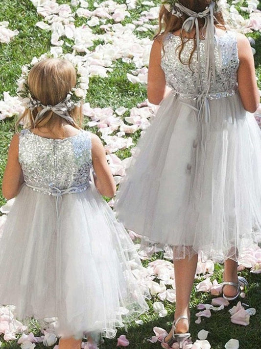 Tea-Length Hand-Made Scoop A-Line/Princess Flower Tulle Sleeveless Flower Girl Dresses