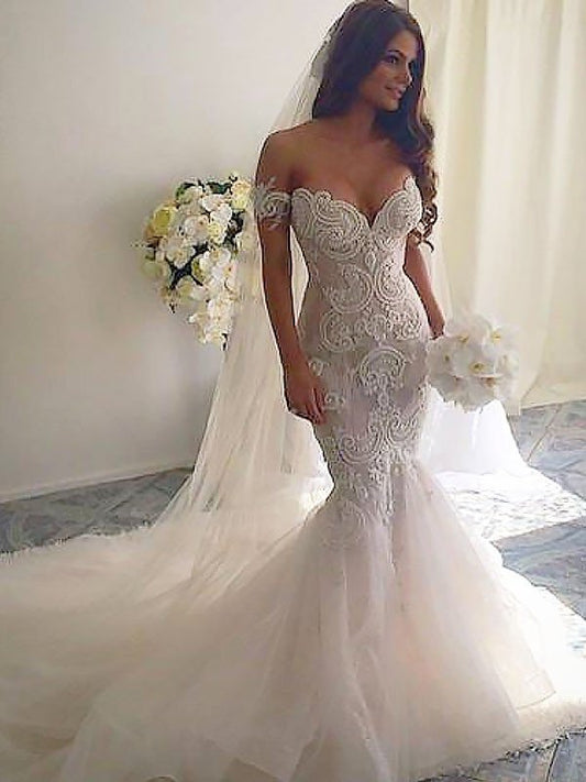 Off-the-Shoulder Tulle Train Chapel Trumpet/Mermaid Sleeveless Wedding Dresses