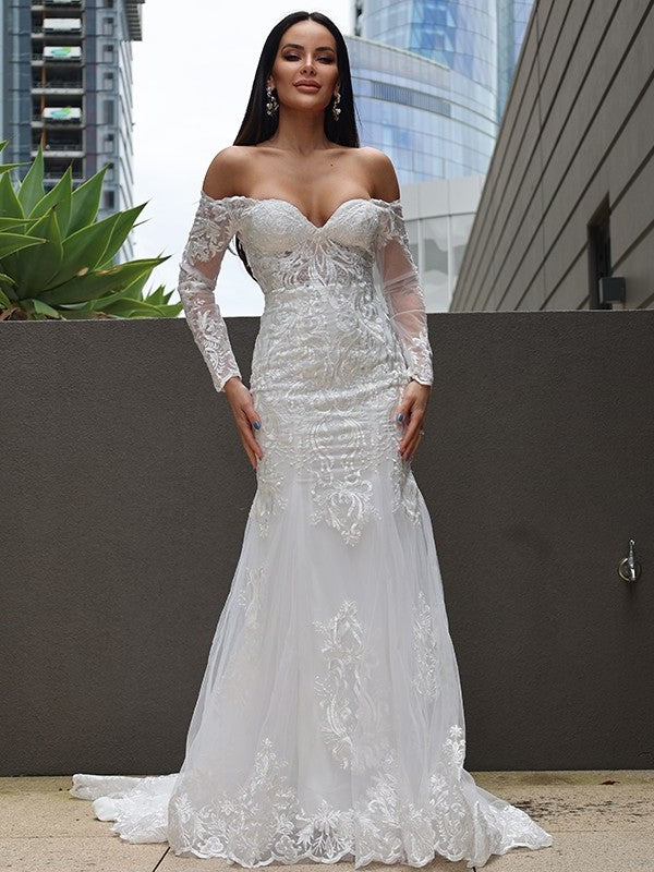 Trumpet/Mermaid Sleeves Long Sweep/Brush Tulle Applique Off-the-Shoulder Train Wedding Dresses