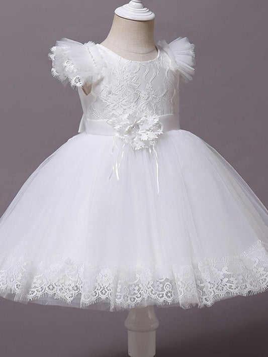 Tulle Gown Sleeves Ball Tea-Length Applique Scoop Short Flower Girl Dresses