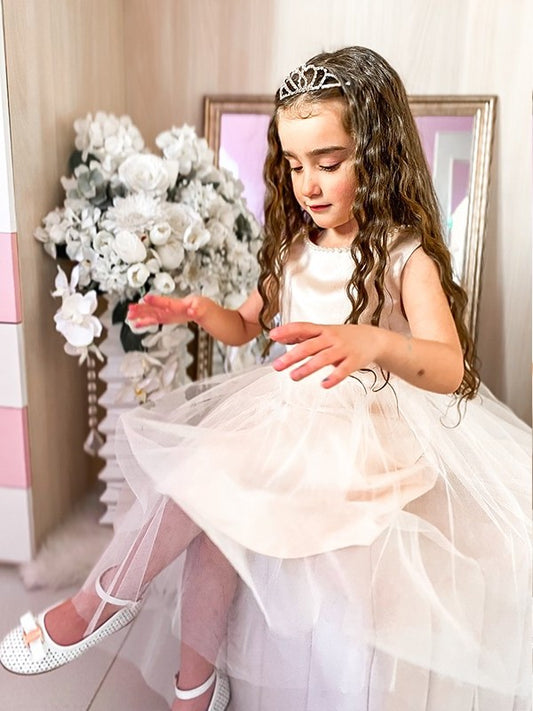 A-Line/Princess Scoop Bowknot Knee-Length Tulle Sleeveless Flower Girl Dresses