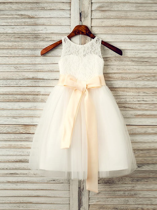 Sleeveless Sash/Ribbon/Belt A-Line/Princess Tulle Tea-Length Scoop Flower Girl Dresses