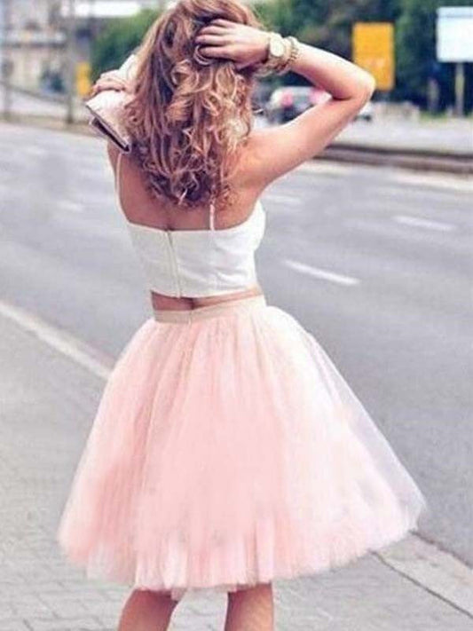 A-Line/Princess Tulle Sleeveless Pleats Spaghetti Homecoming Dresses Kamila Straps Knee-Length Two Piece Dresses