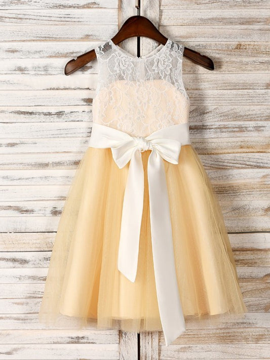 Tea-Length Tulle Sleeveless Sash/Ribbon/Belt Scoop A-Line/Princess Flower Girl Dresses